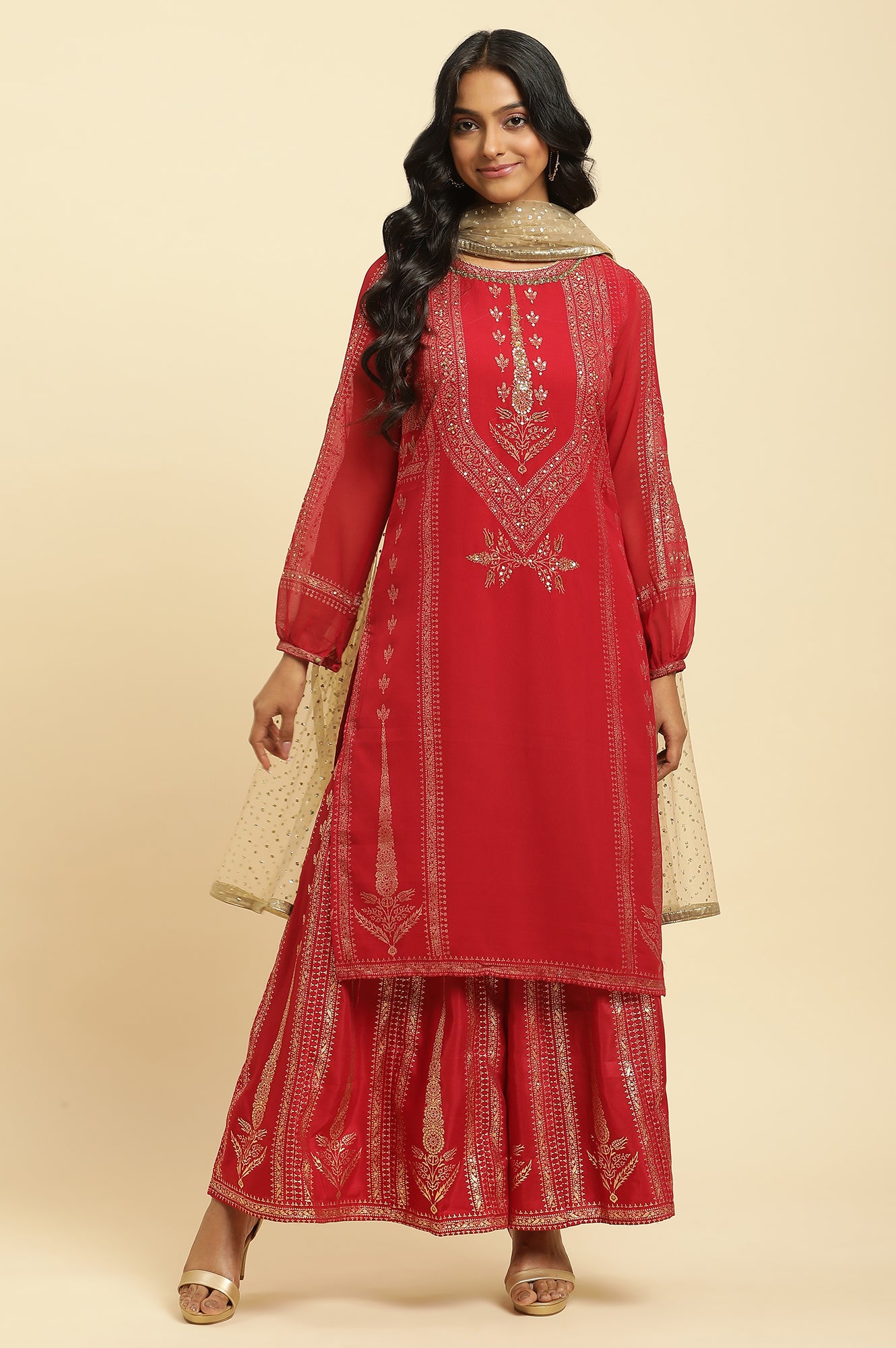 Red Floral Print Kurta-Sharara-Dupatta Set