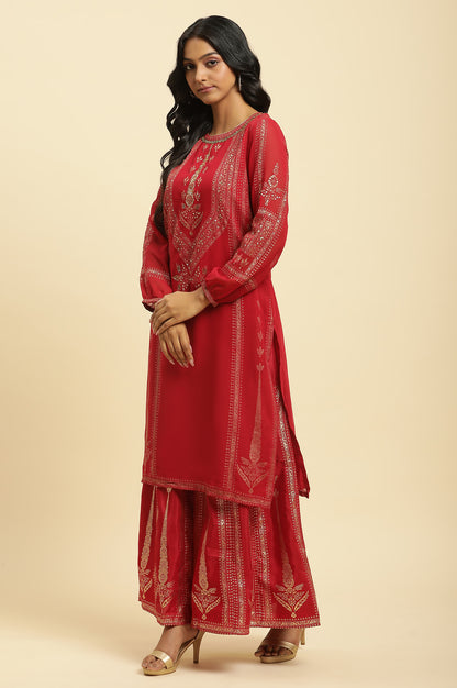 Red Floral Print Kurta-Sharara-Dupatta Set