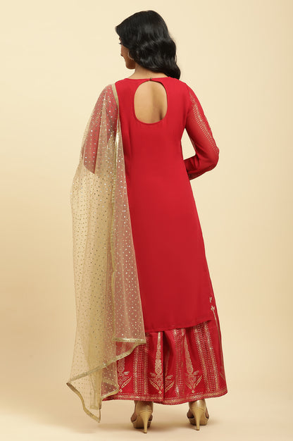 Red Floral Print Kurta-Sharara-Dupatta Set