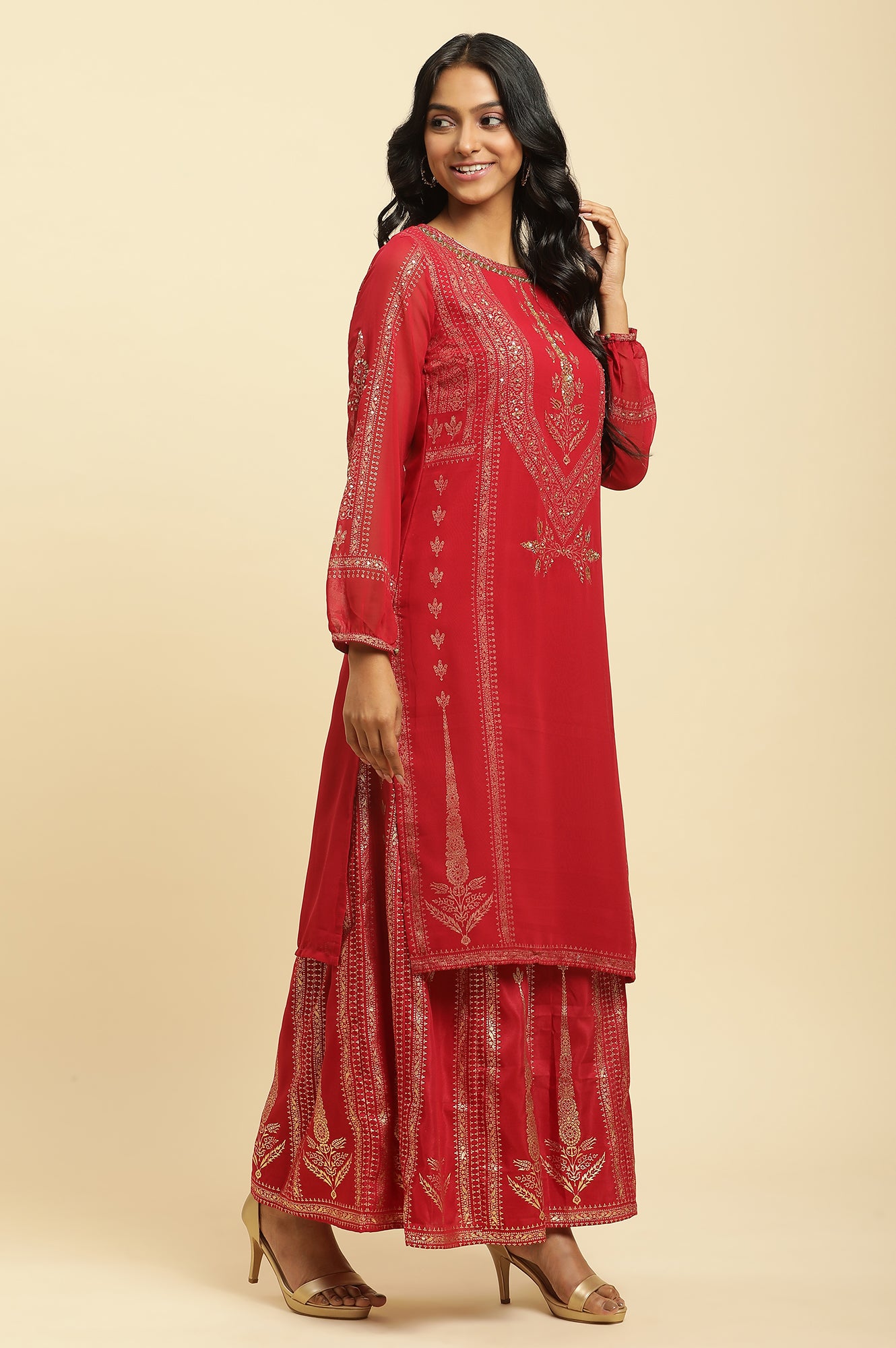 Red Floral Print Kurta-Sharara-Dupatta Set