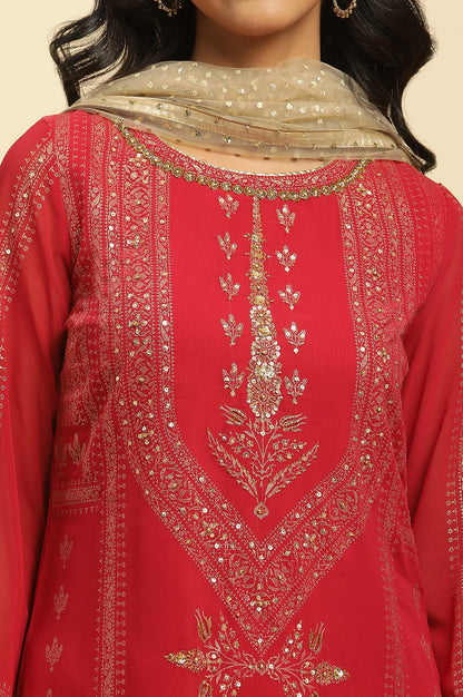 Red Floral Print Kurta-Sharara-Dupatta Set