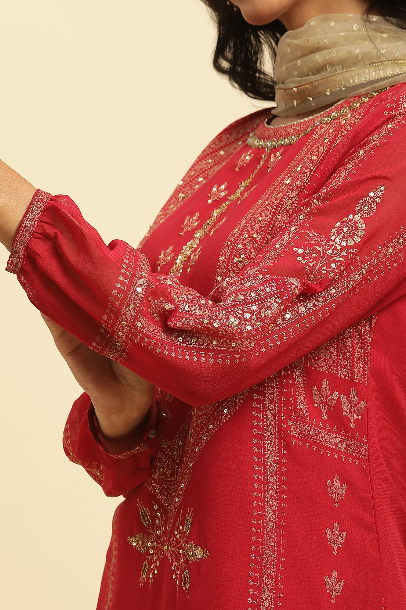 Red Floral Print Kurta-Sharara-Dupatta Set