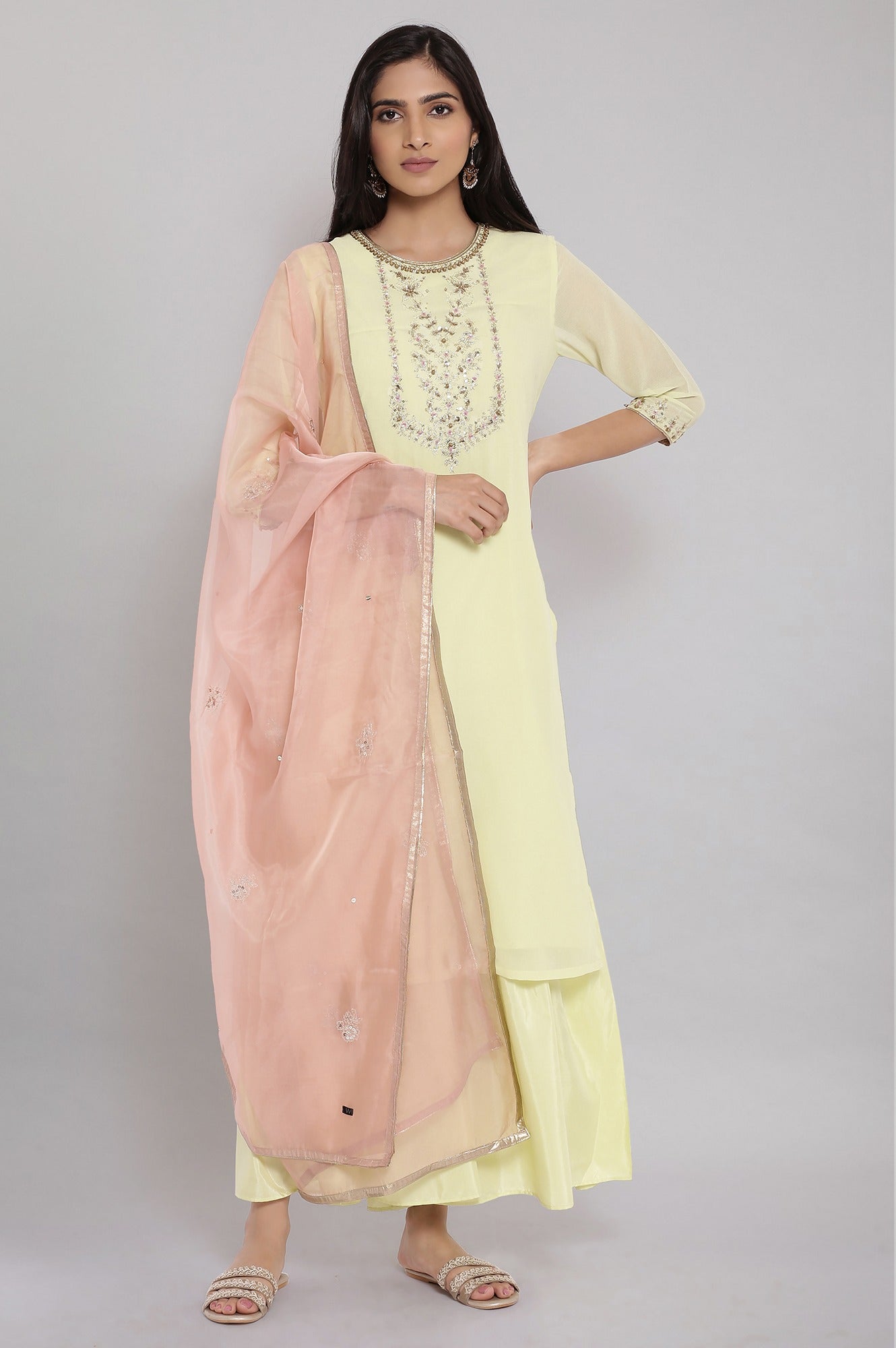 Light Green Embroidered kurta-Sharara-Dupatta Set