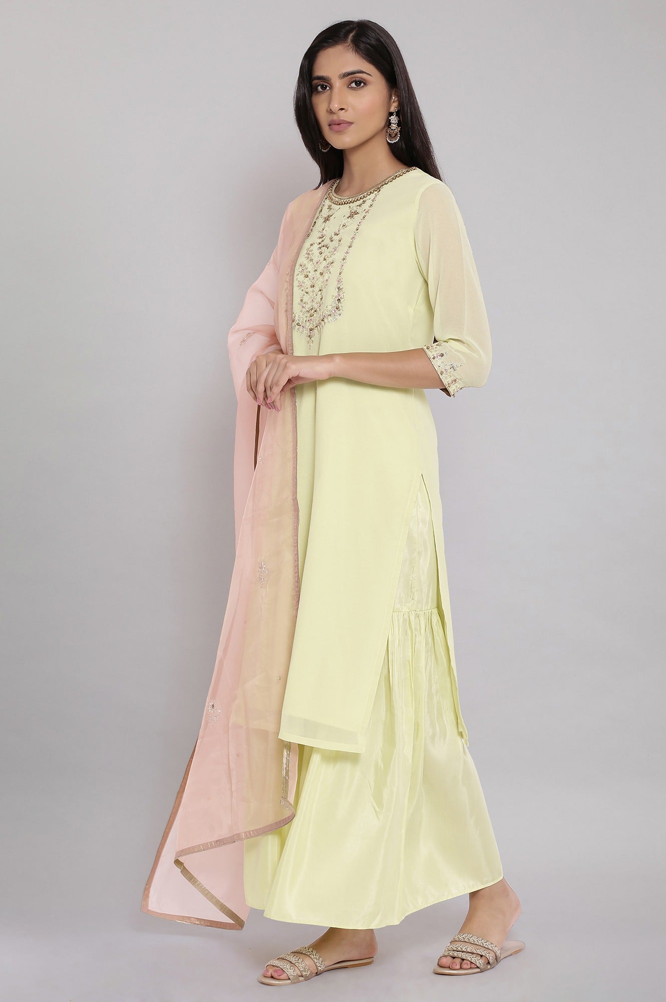 Light Green Embroidered kurta-Sharara-Dupatta Set