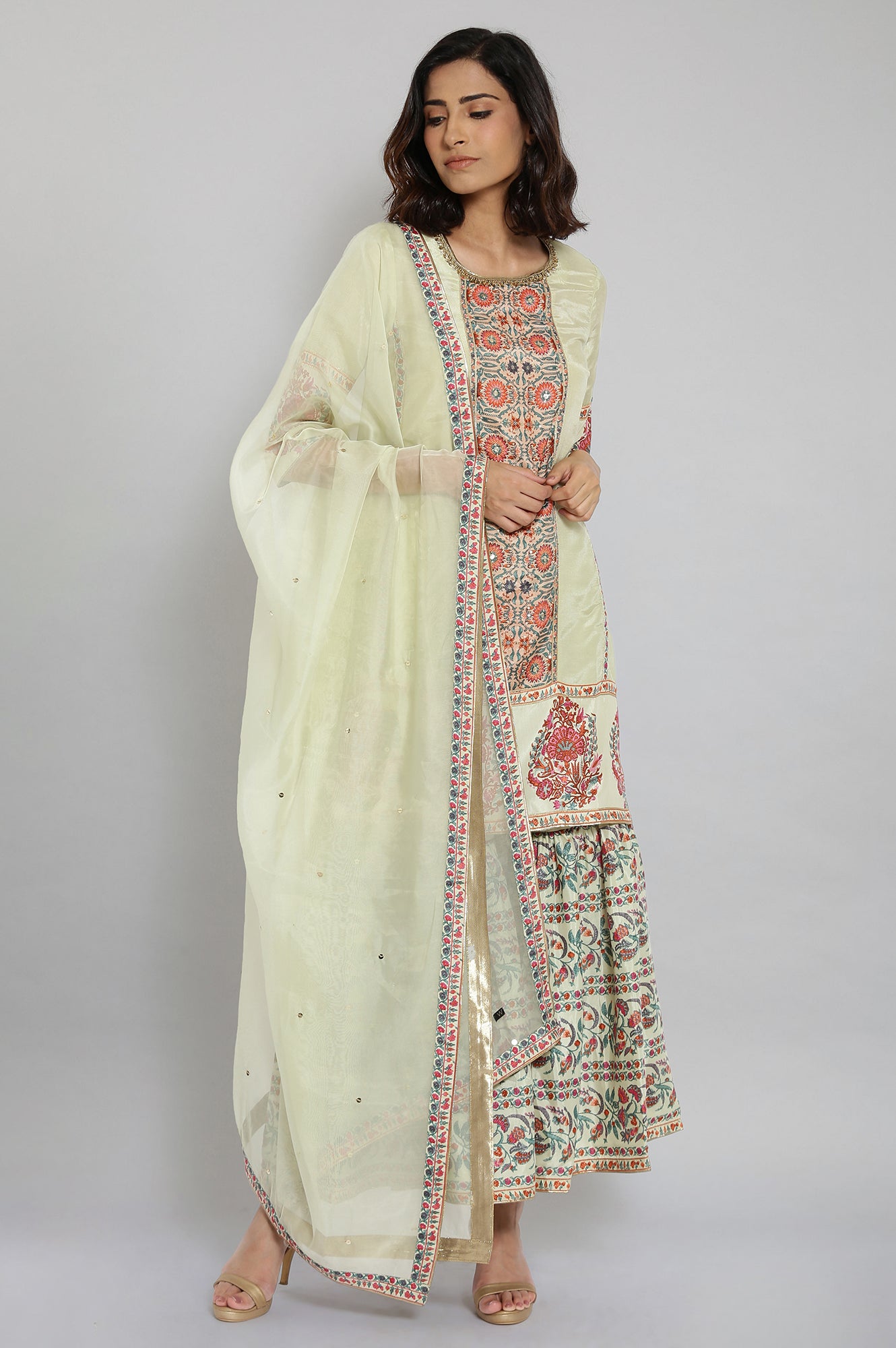 Light Green Floral Print kurta-Sharara-Dupatta Set