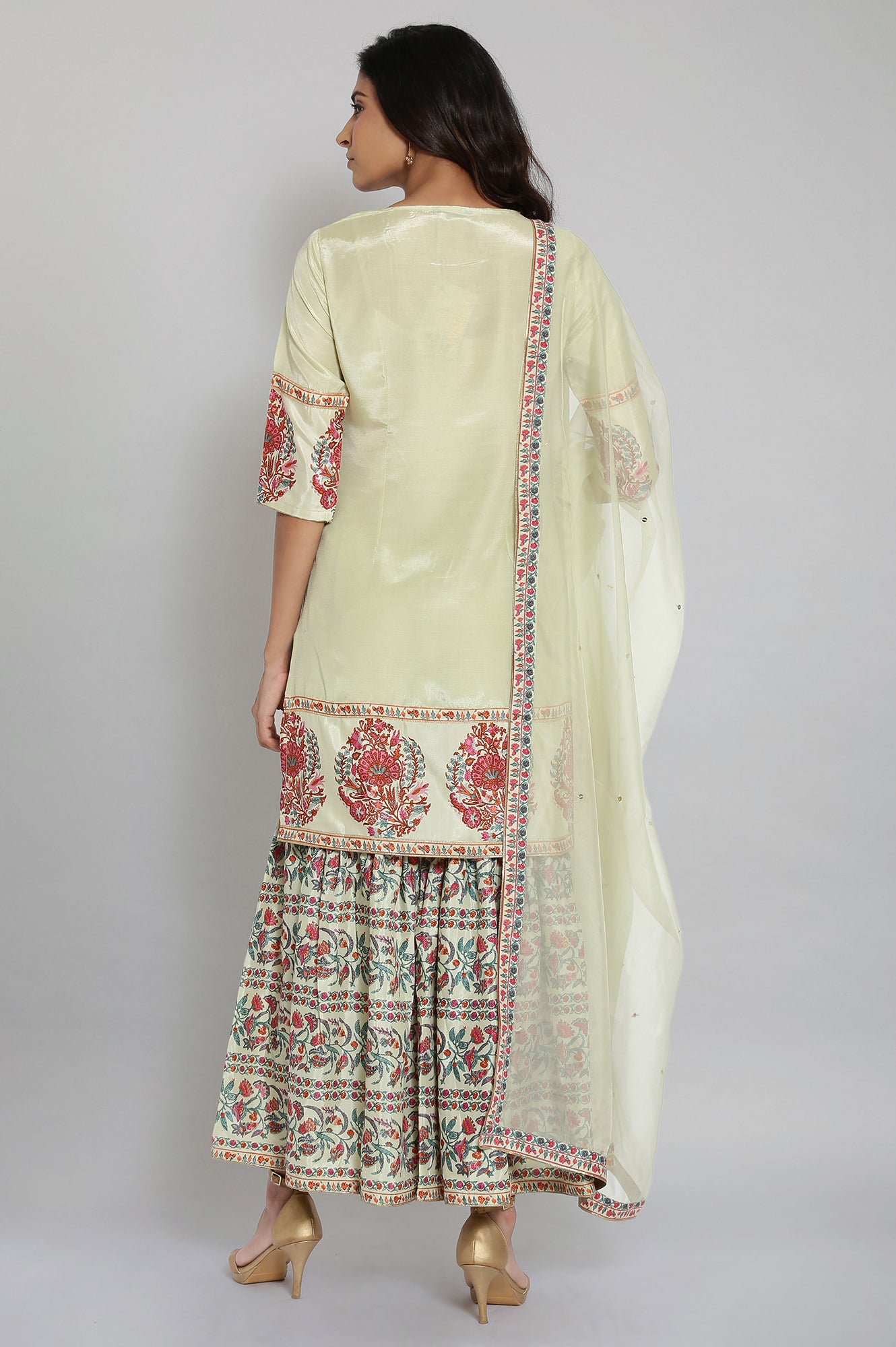 Light Green Floral Print kurta-Sharara-Dupatta Set