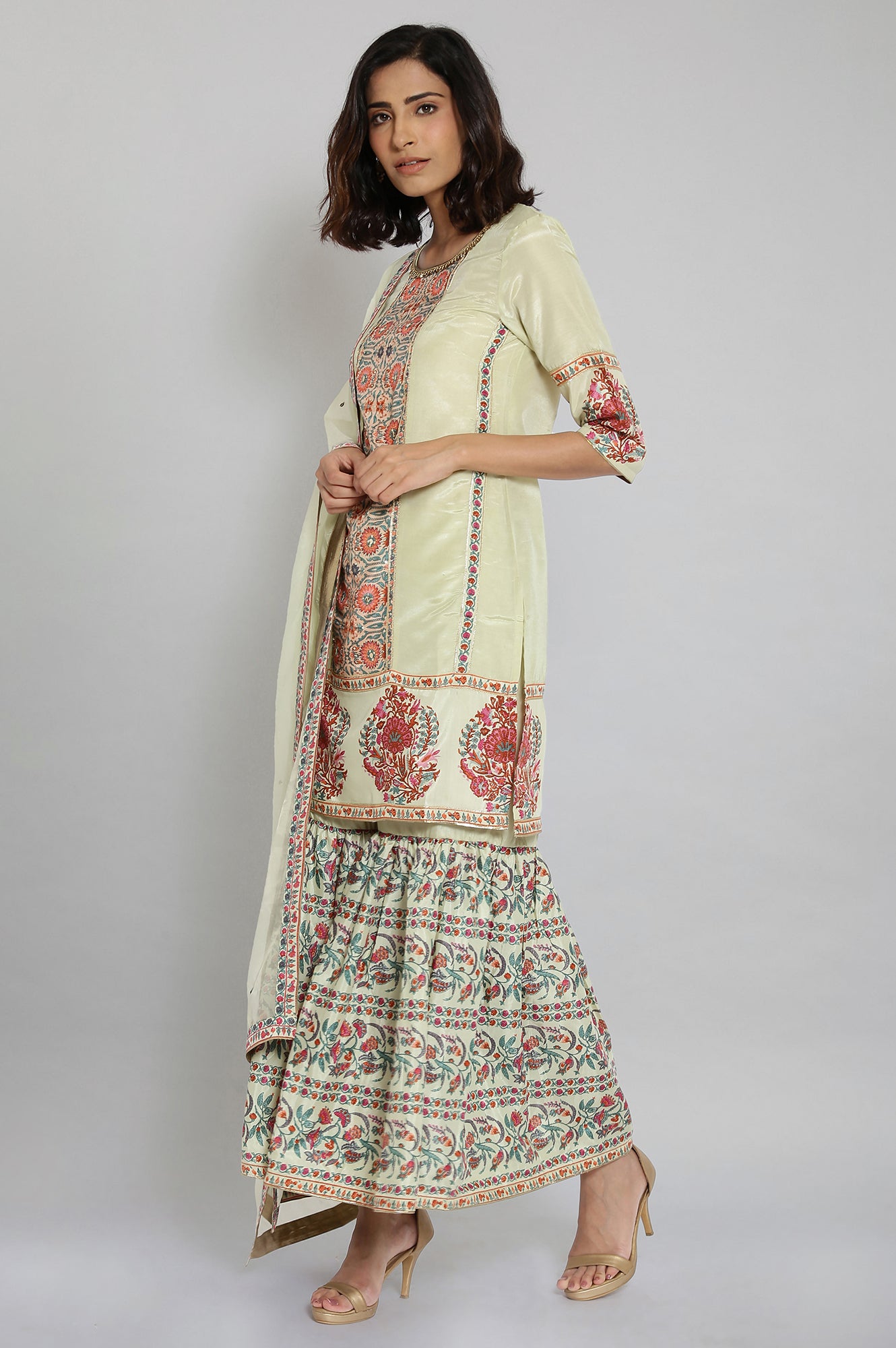 Light Green Floral Print kurta-Sharara-Dupatta Set