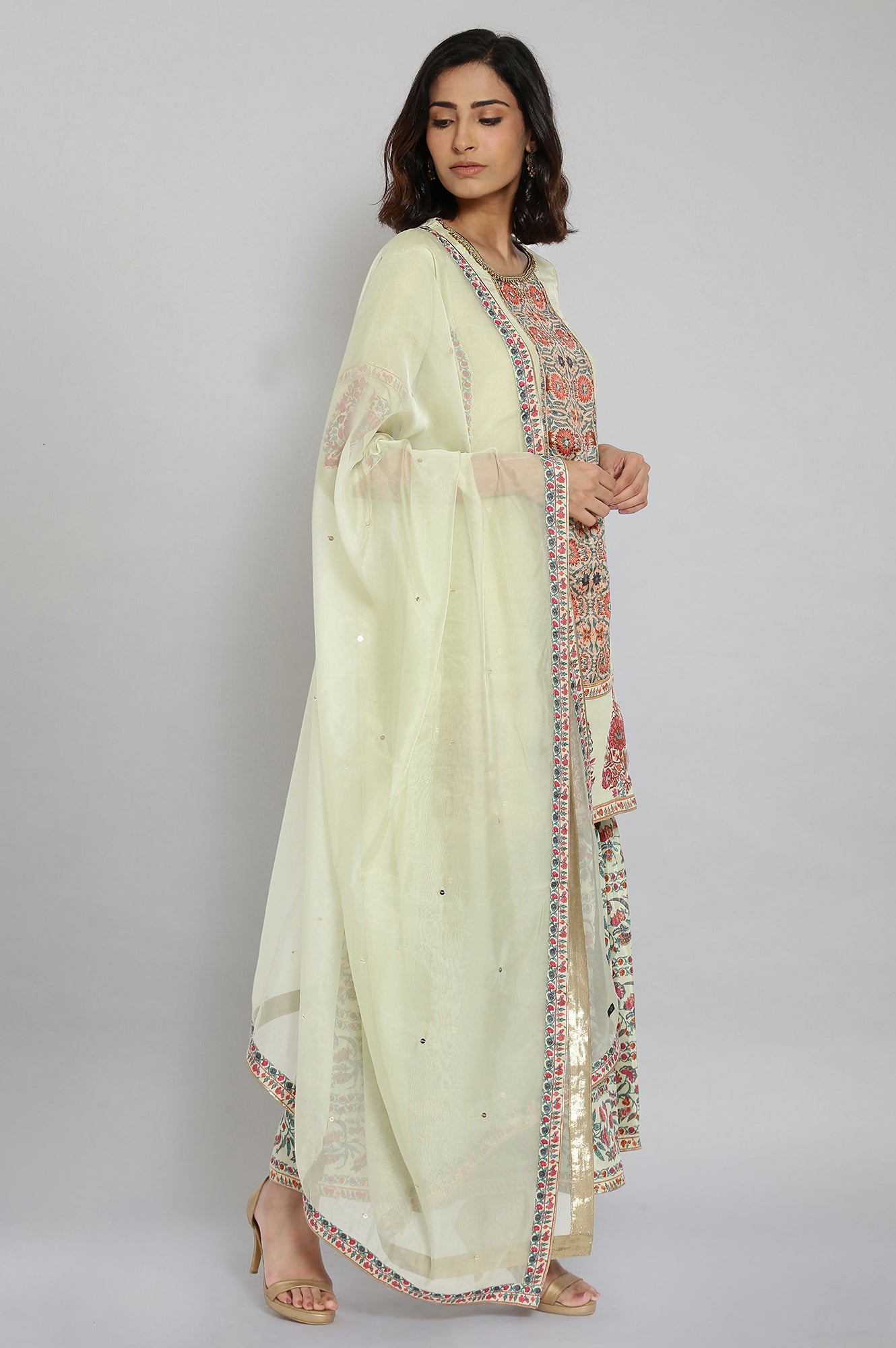 Light Green Floral Print kurta-Sharara-Dupatta Set