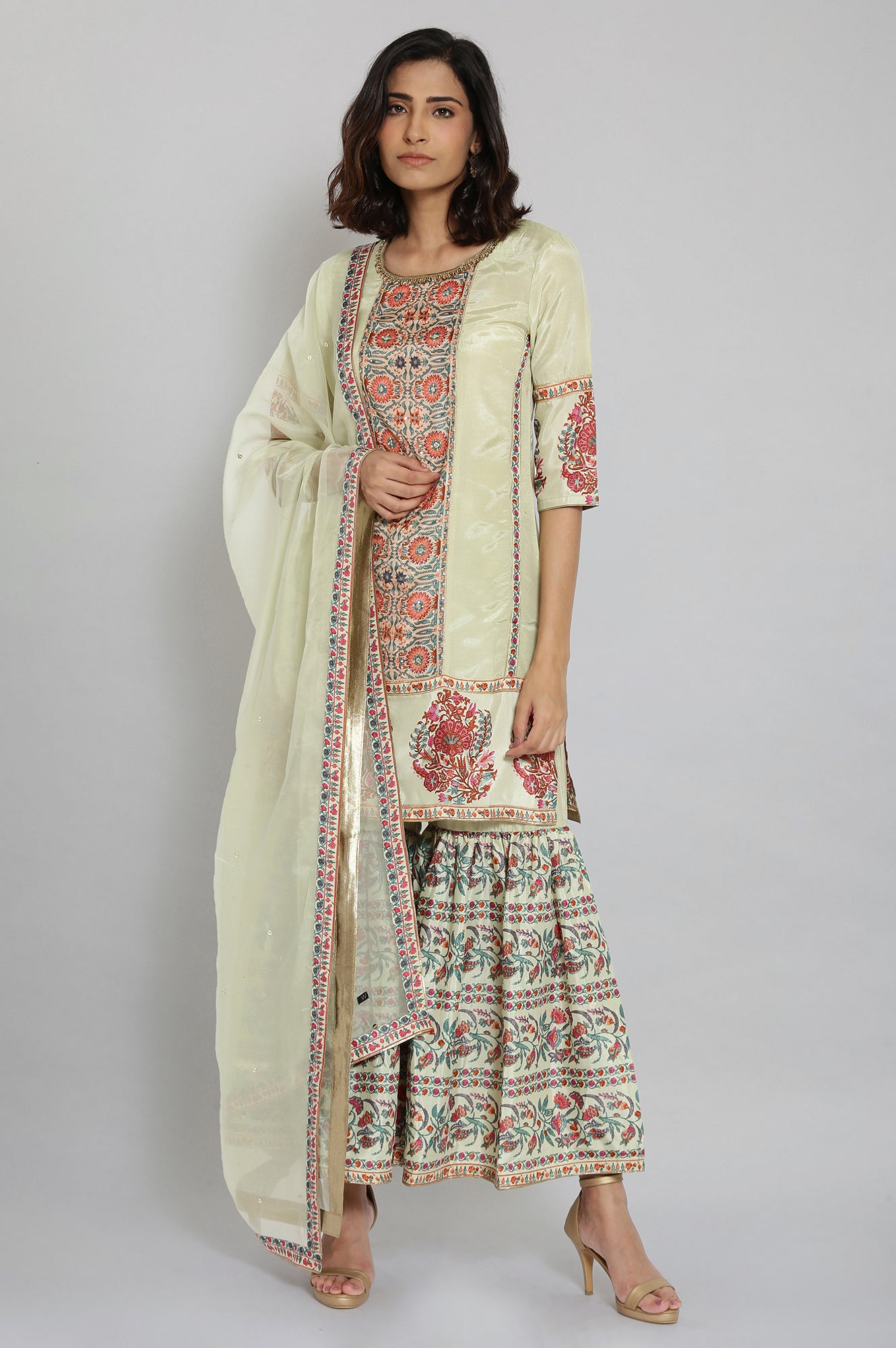 Light Green Floral Print kurta-Sharara-Dupatta Set