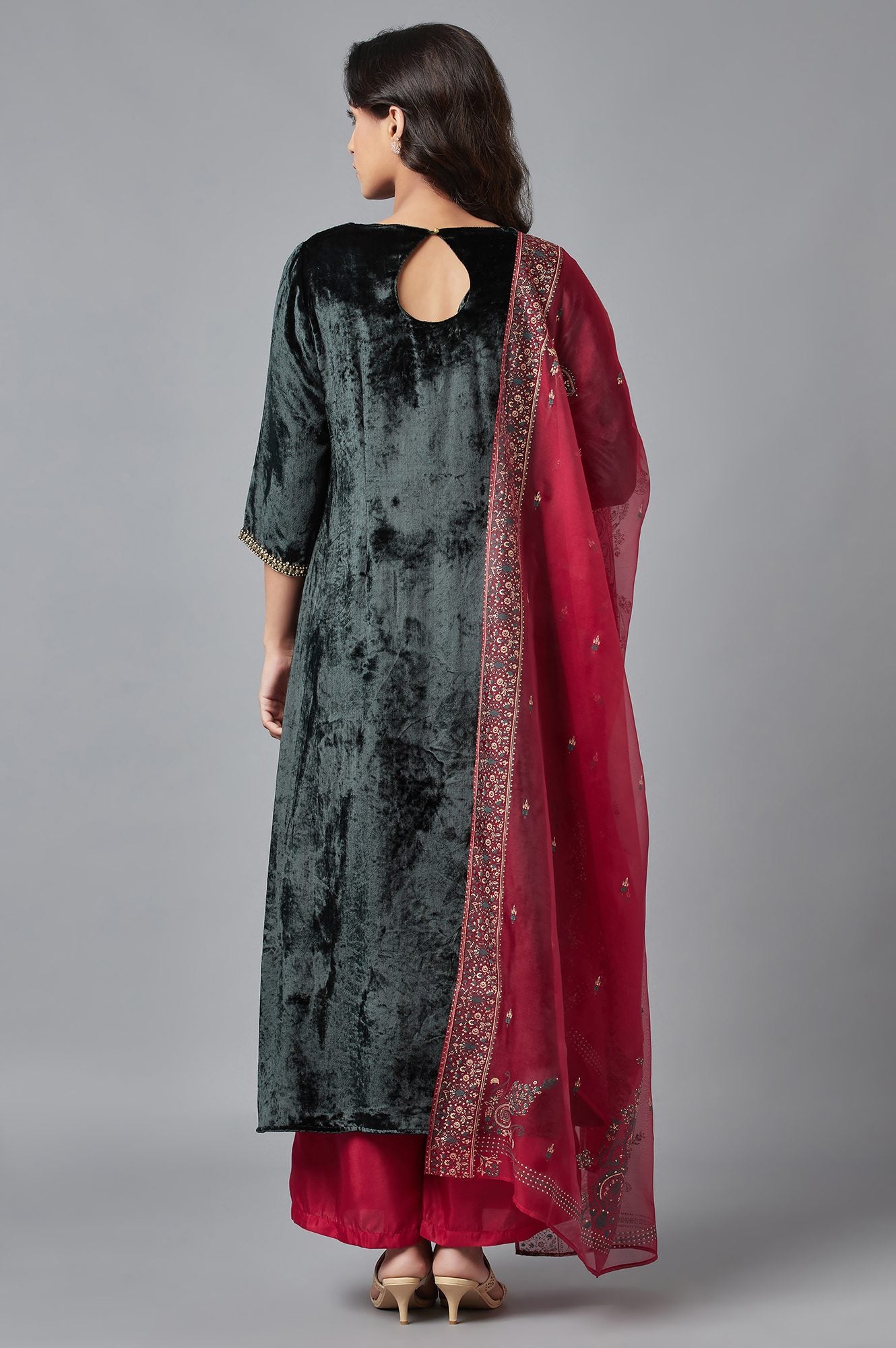 Dark Green Velvet kurta-Parallel Pant-Dupatta Set