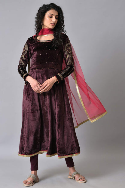 Purple Velvet Anarkali-Tights-Dupatta Set