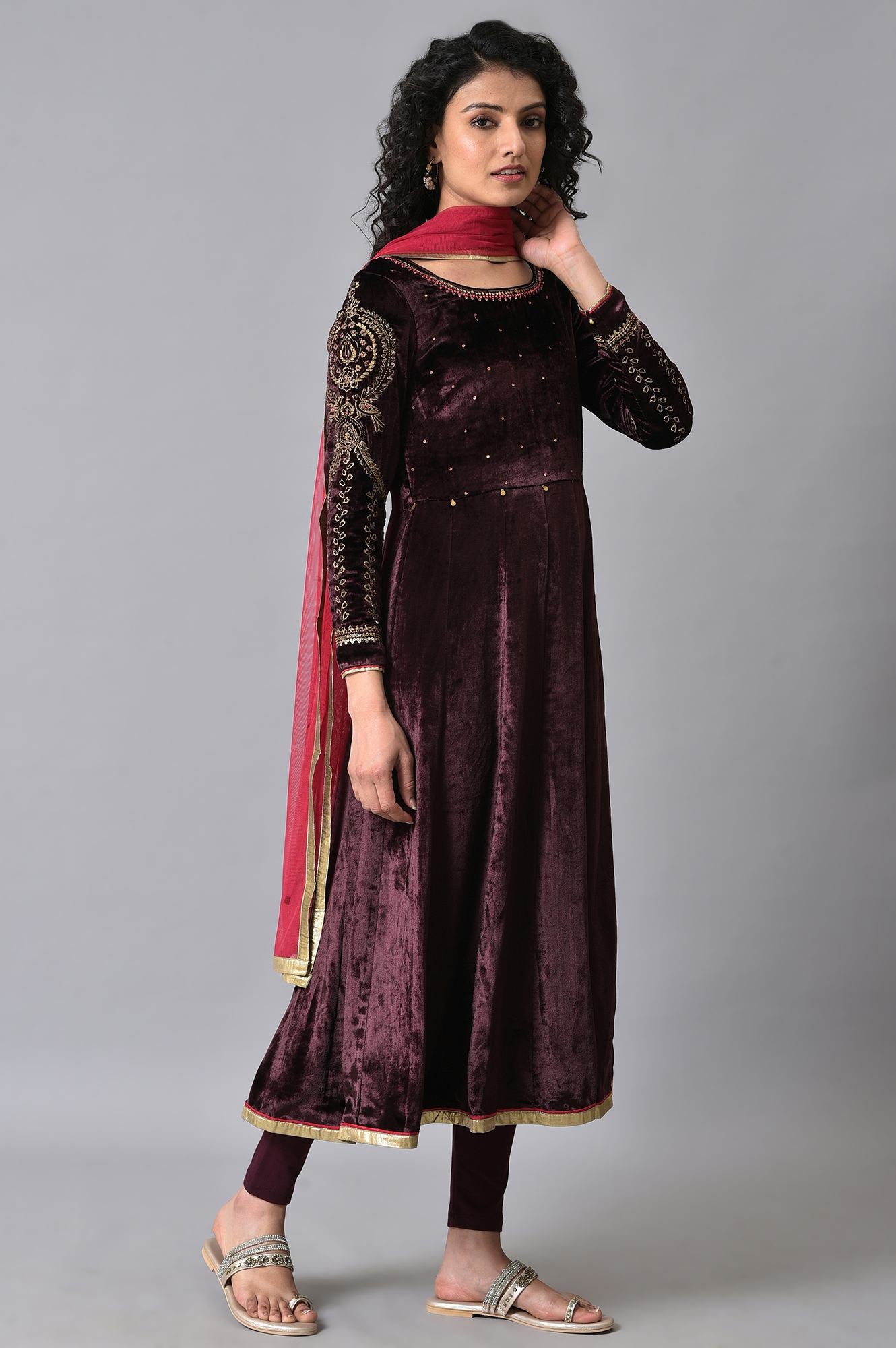 Purple Velvet Anarkali-Tights-Dupatta Set