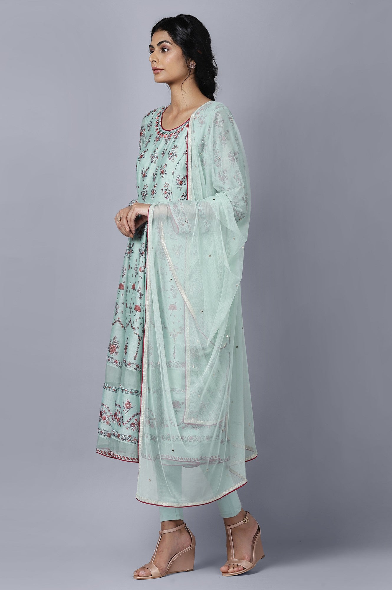 Light Blue Anarkali Tights Drape Set