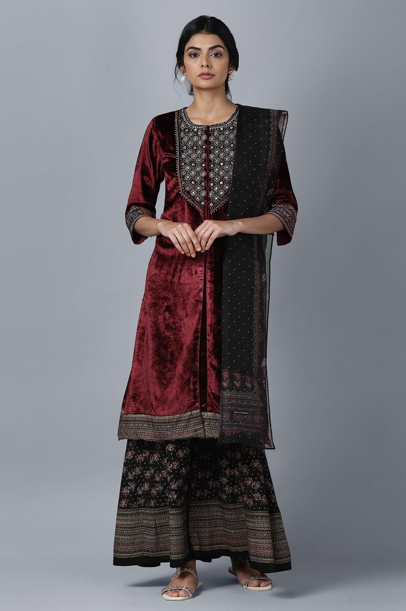 Dark Red Velvet kurta Sharara Dupatta Set