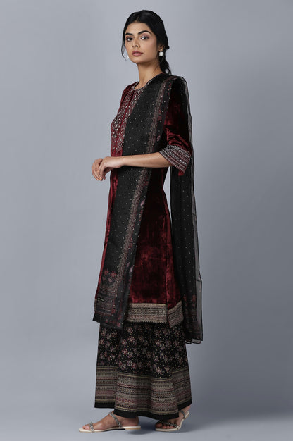 Dark Red Velvet kurta Sharara Dupatta Set