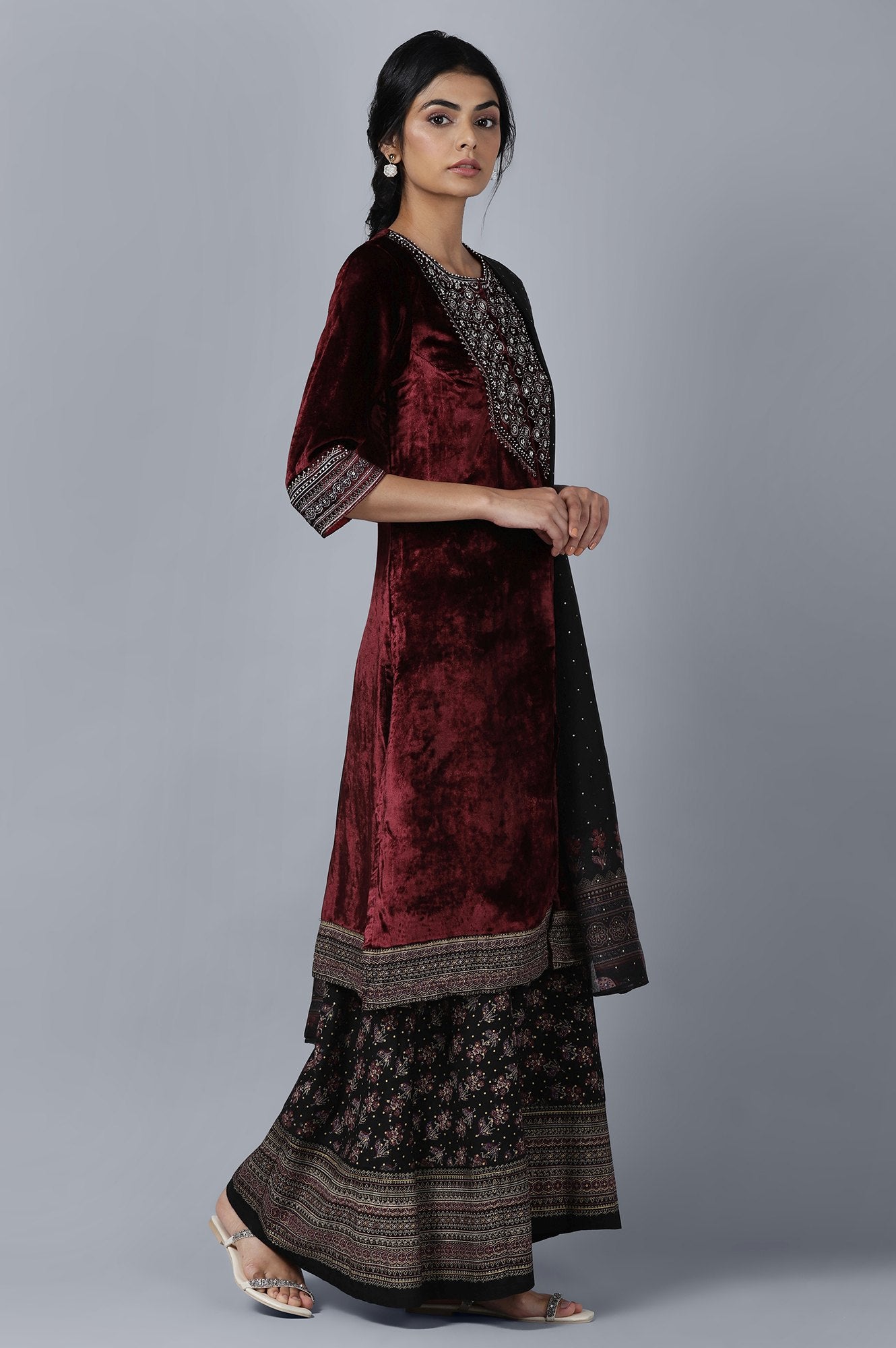 Dark Red Velvet kurta Sharara Dupatta Set