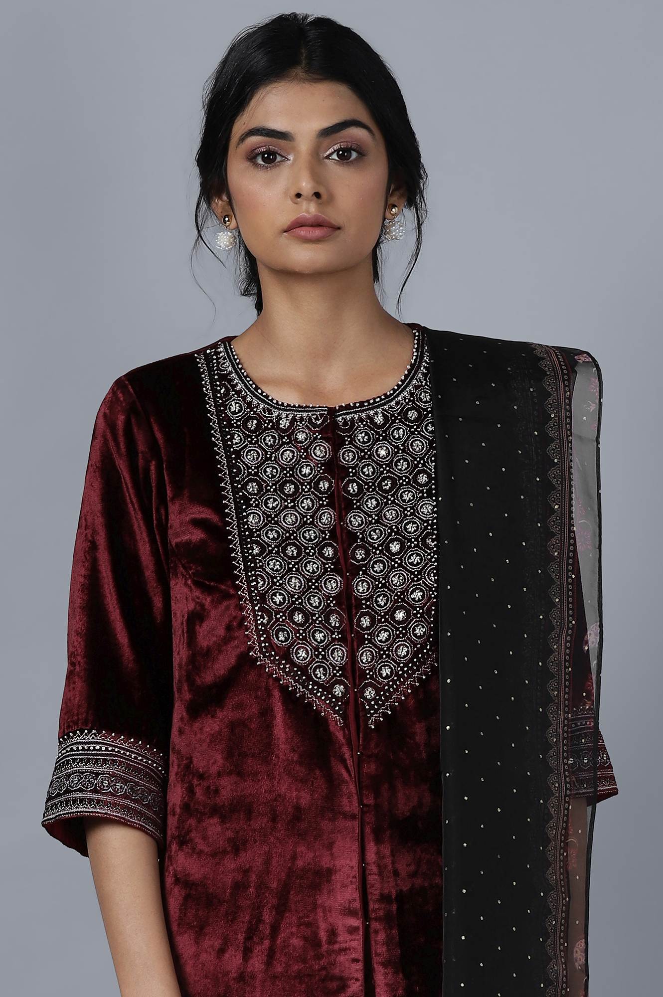 Dark Red Velvet kurta Sharara Dupatta Set