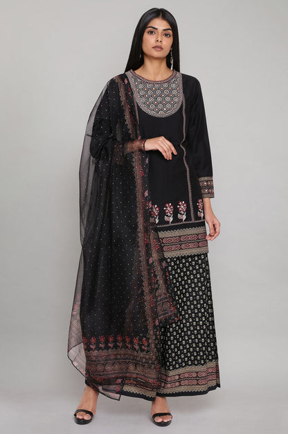 Black Short kurta Parallel Pants Dupatta Set