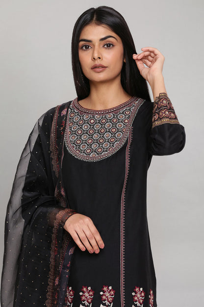 Black Short kurta Parallel Pants Dupatta Set