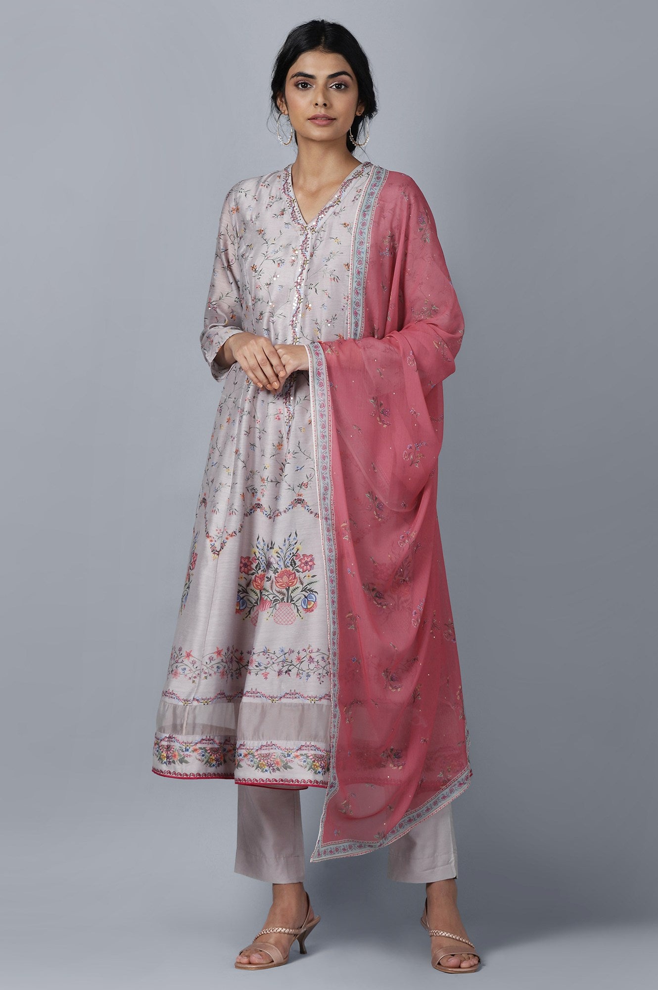 Light Grey kurta Slim Pants Dupatta Set