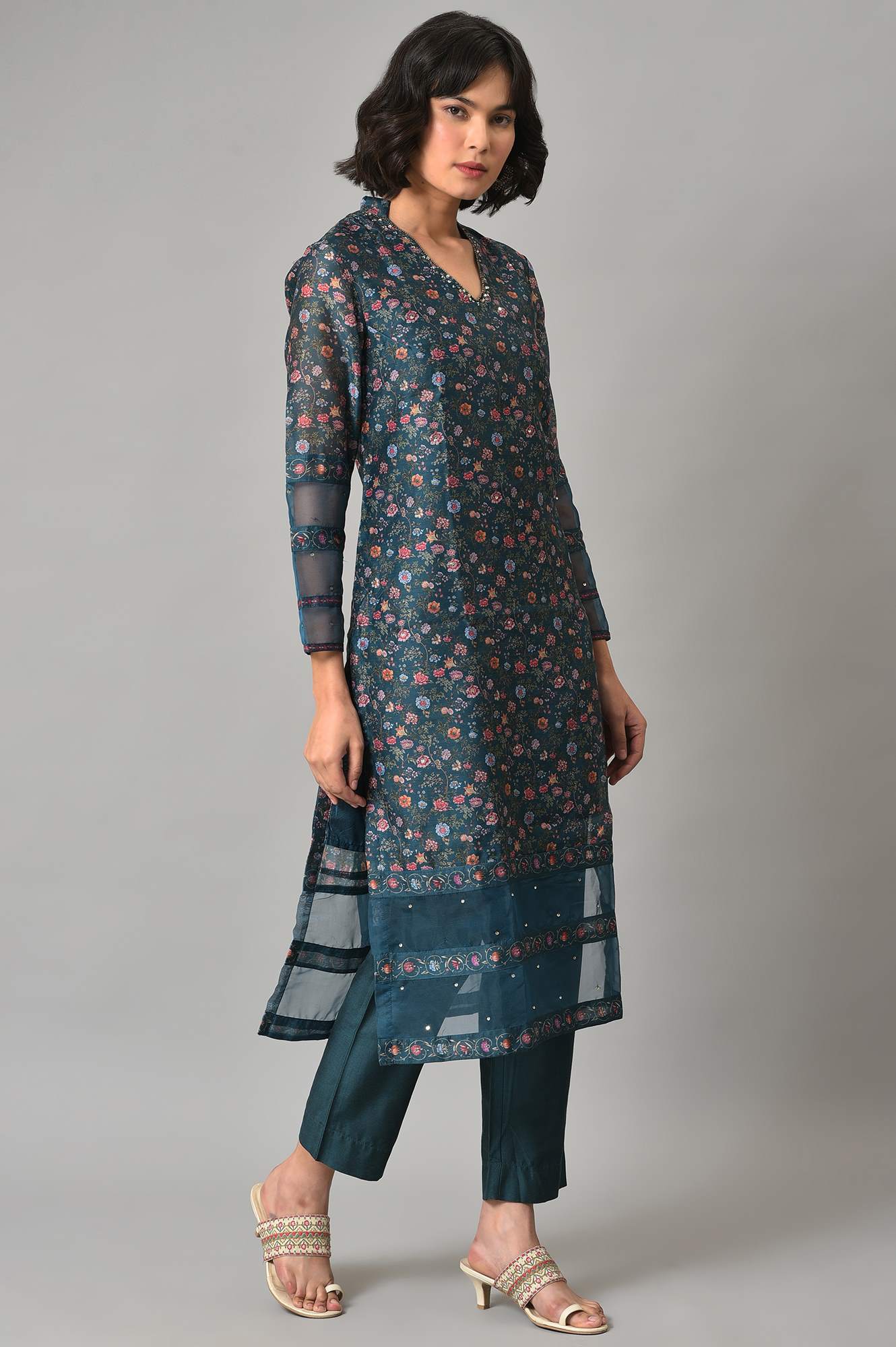 Dark Green Floral Print kurta With Pants (Wishful X Rahul Mishra)