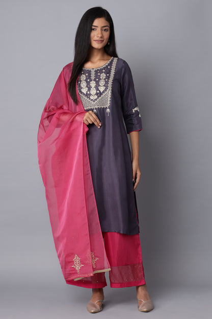 Dark Blue Embroidered kurta-Pink Parallel Pants-Dupatta