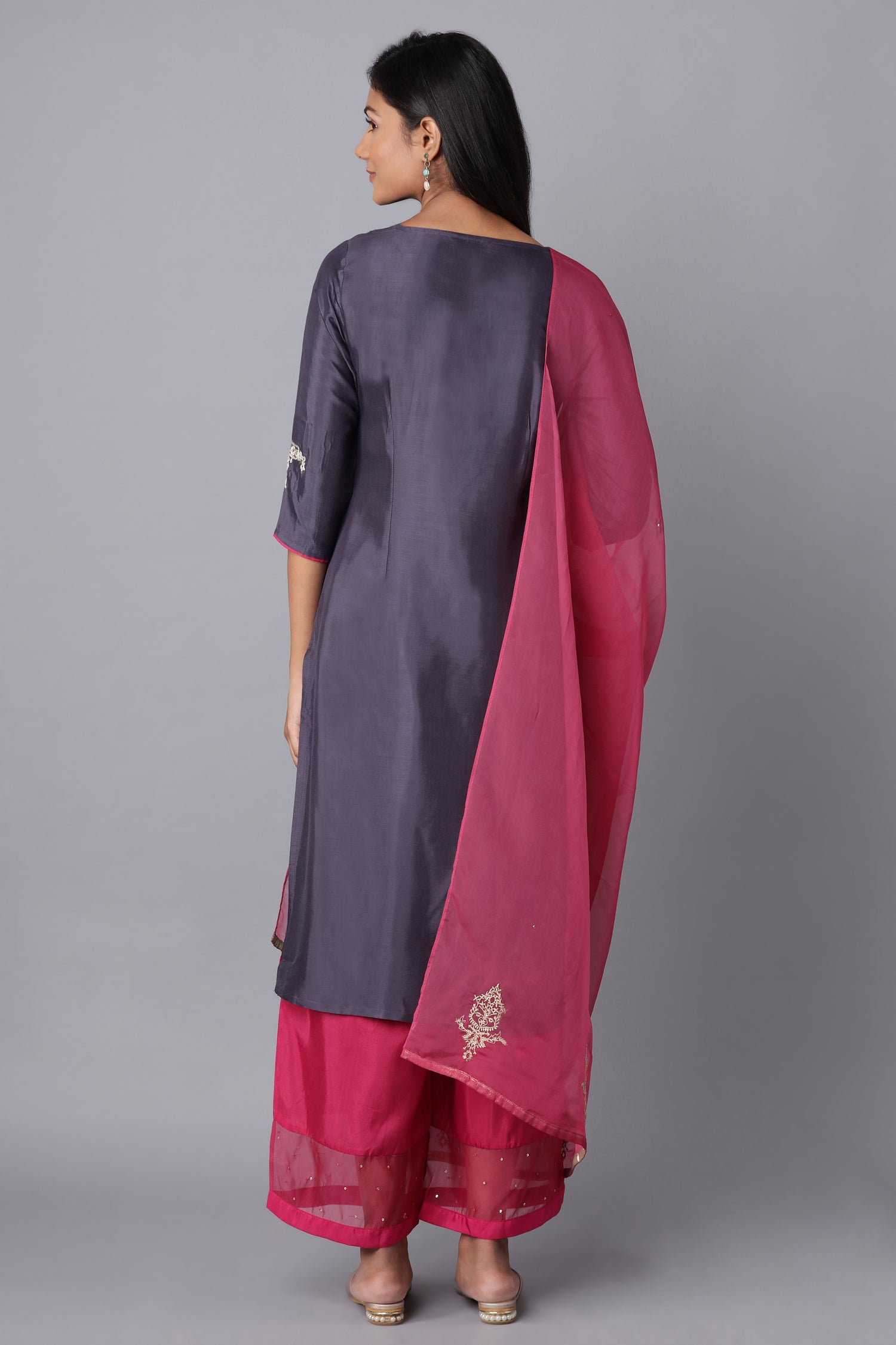 Dark Blue Embroidered kurta-Pink Parallel Pants-Dupatta