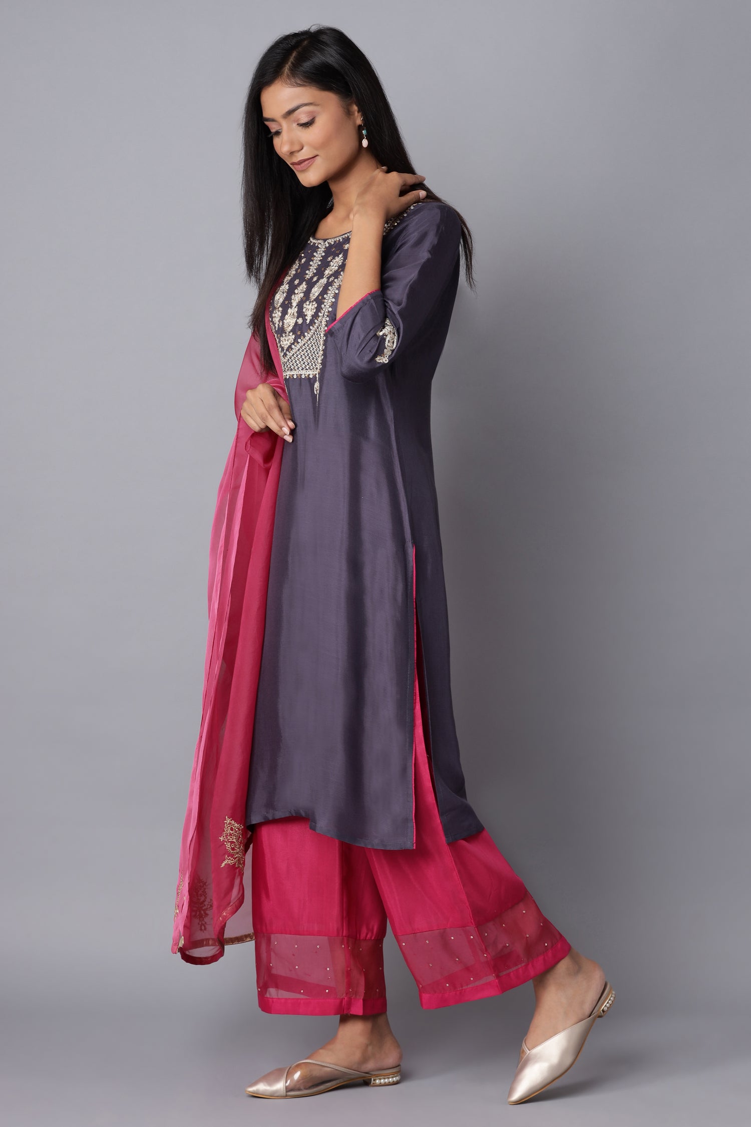 Dark Blue Embroidered kurta-Pink Parallel Pants-Dupatta