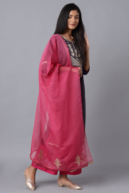 Dark Blue Embroidered kurta-Pink Parallel Pants-Dupatta