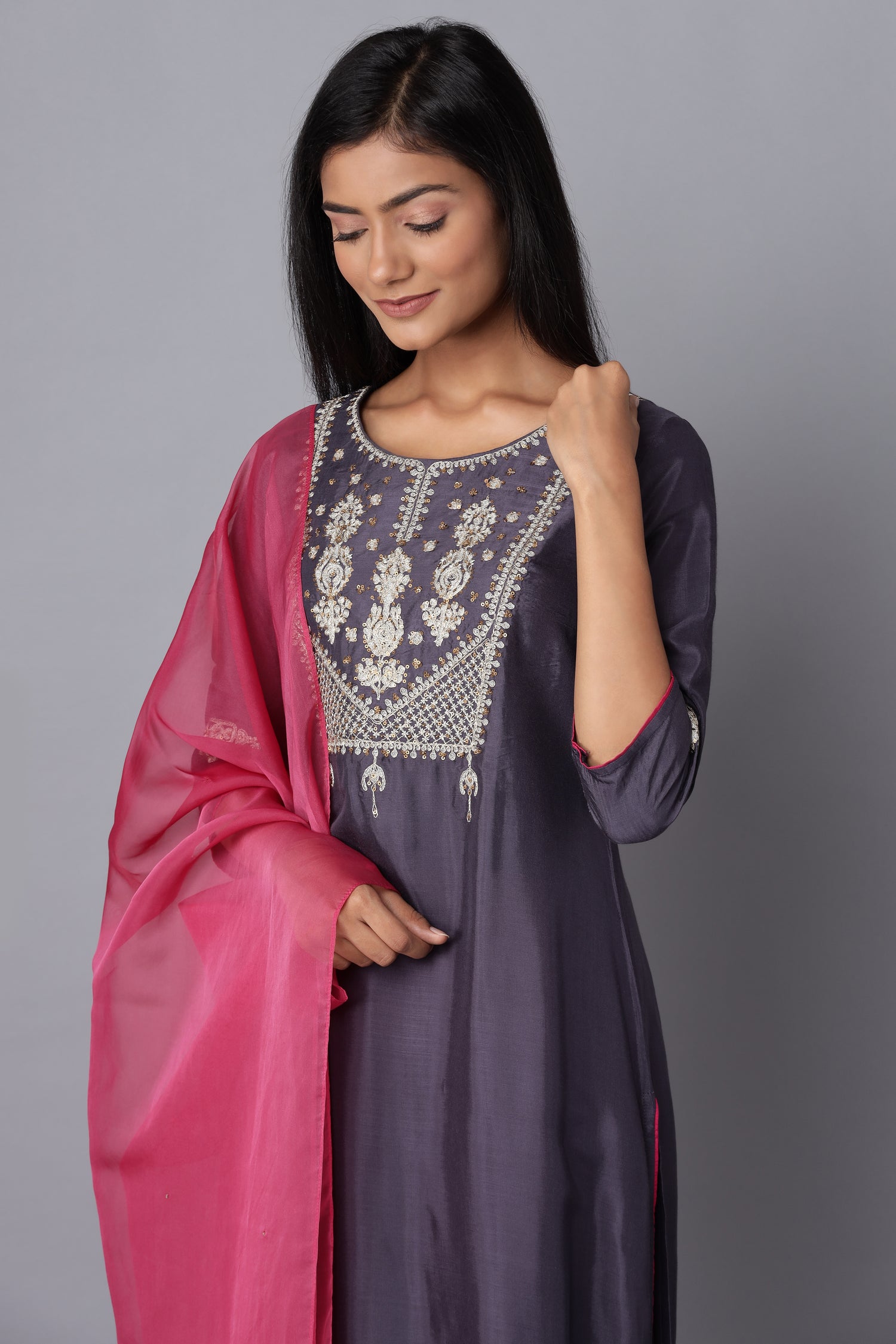 Dark Blue Embroidered kurta-Pink Parallel Pants-Dupatta