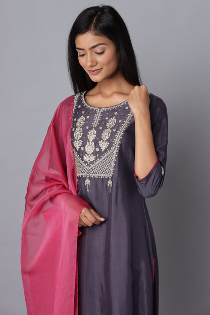 Dark Blue Embroidered kurta-Pink Parallel Pants-Dupatta