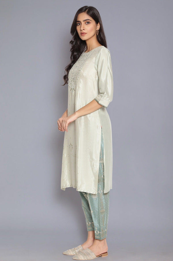 Green Shantung kurta with Embroidery