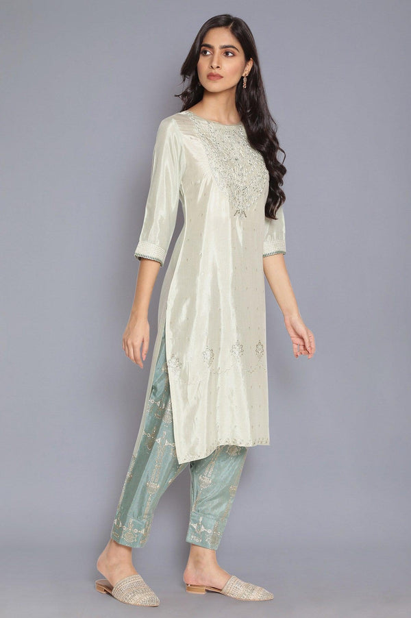 Green Shantung kurta with Embroidery