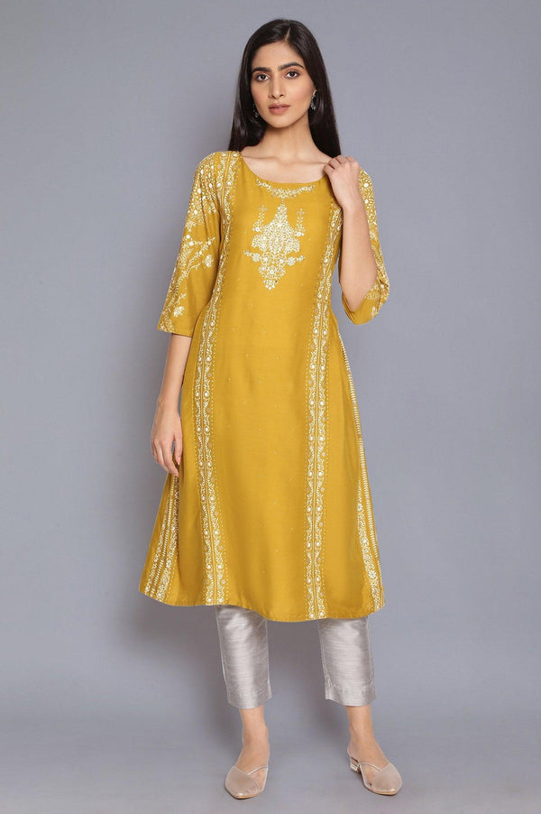 Green Printed kurta with Side Pleats