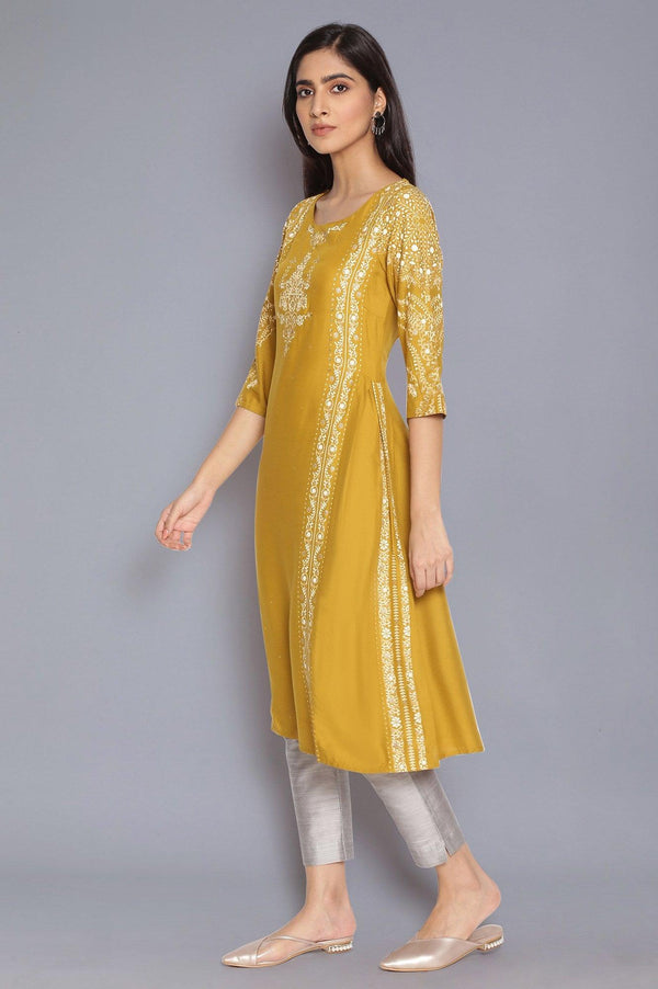 Green Printed kurta with Side Pleats