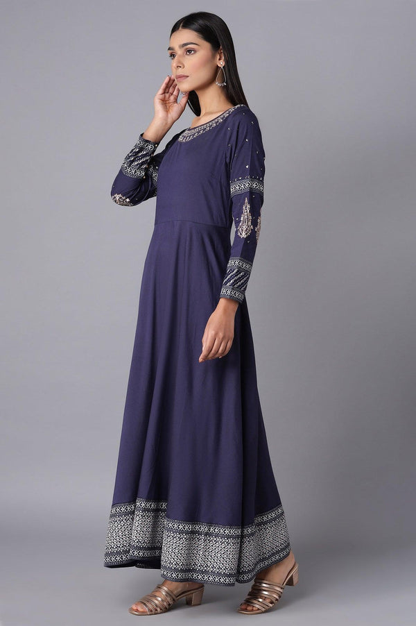 Oxford Blue Embroidered Kalidar Flared Dress