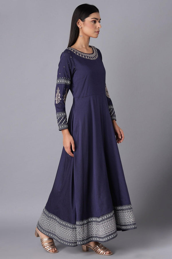 Oxford Blue Embroidered Kalidar Flared Dress