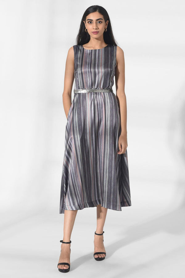 Dark Grey Satin Dress in Strip Print