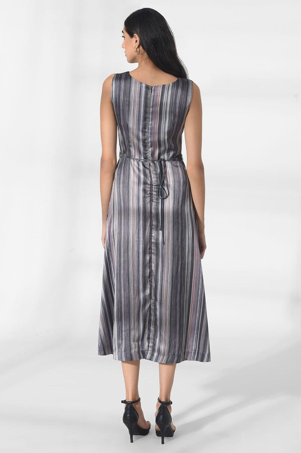 Dark Grey Satin Dress in Strip Print