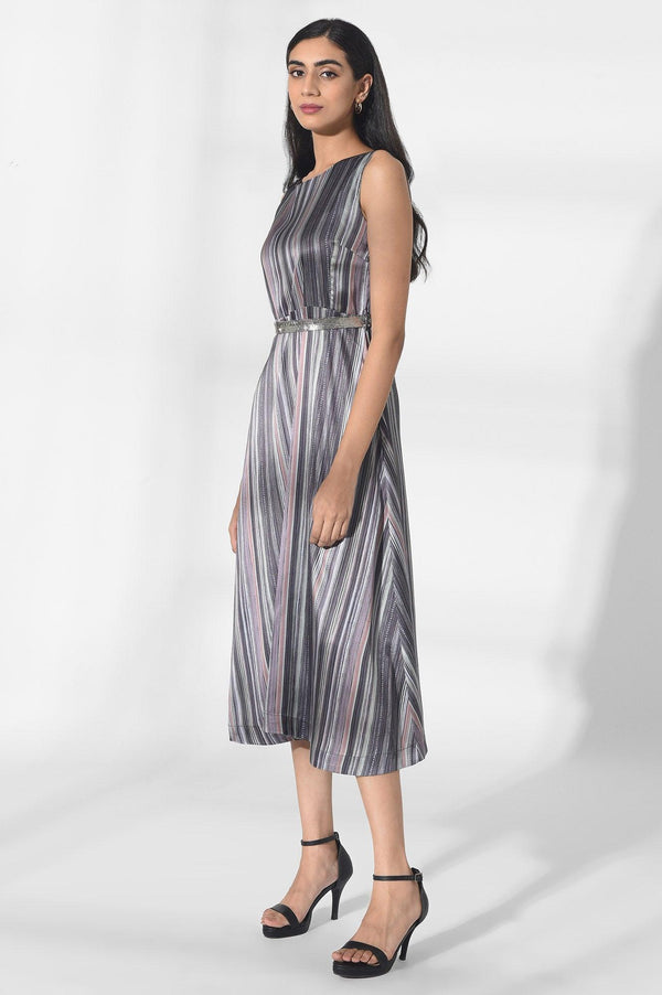 Dark Grey Satin Dress in Strip Print
