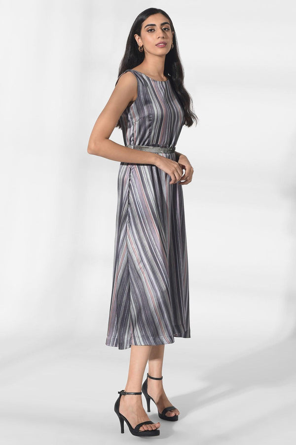 Dark Grey Satin Dress in Strip Print