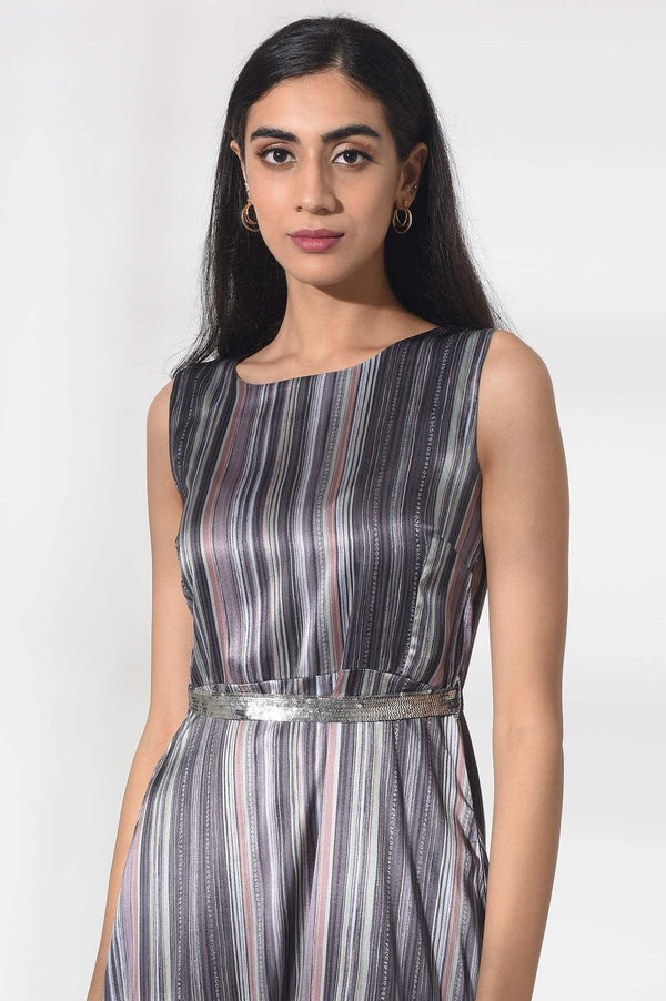 Dark Grey Satin Dress in Strip Print