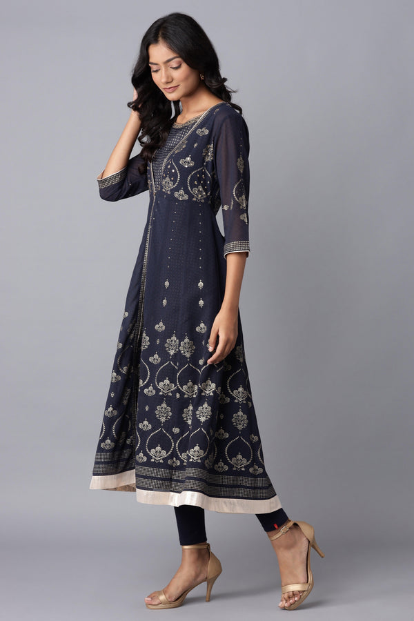 Navy Blue Layered kurta-Solid Tights Set