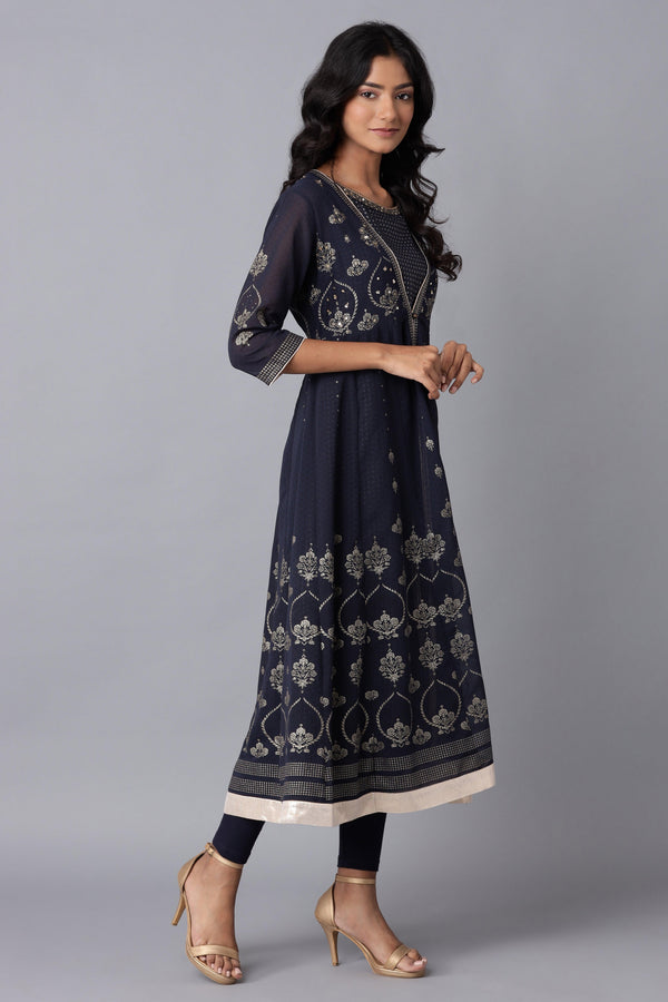 Navy Blue Layered kurta-Solid Tights Set