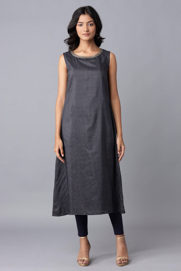 Navy Blue Layered kurta-Solid Tights Set