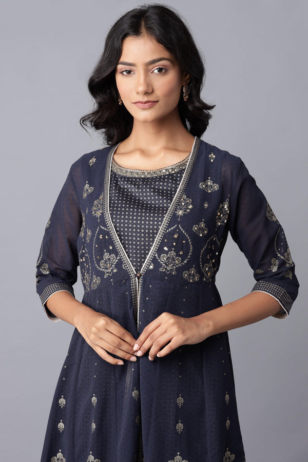Navy Blue Layered kurta-Solid Tights Set