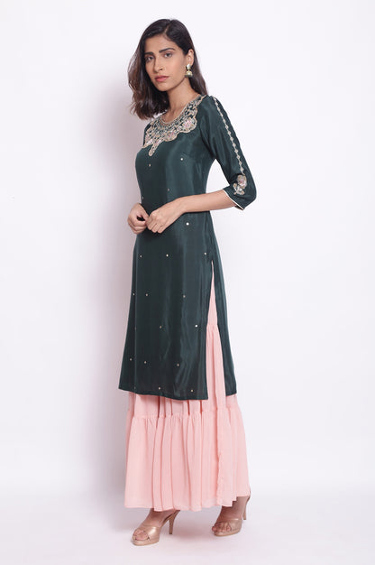 Dark Teal kurta with Embroidered Neck