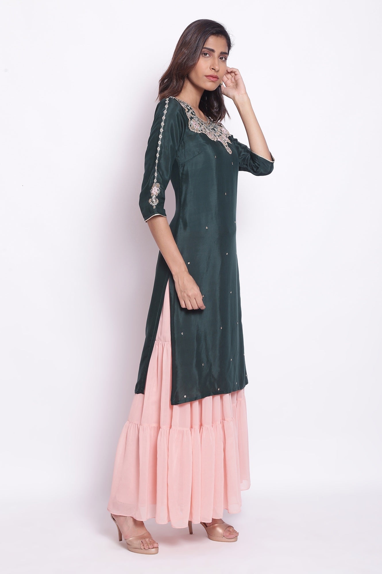 Dark Teal kurta with Embroidered Neck