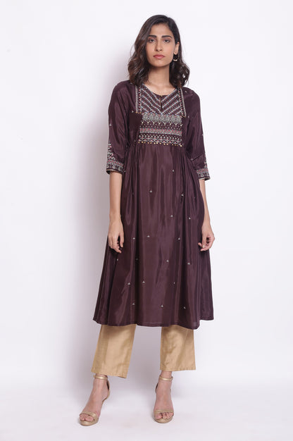 Chocolate Brown A-Line Embroidered kurta