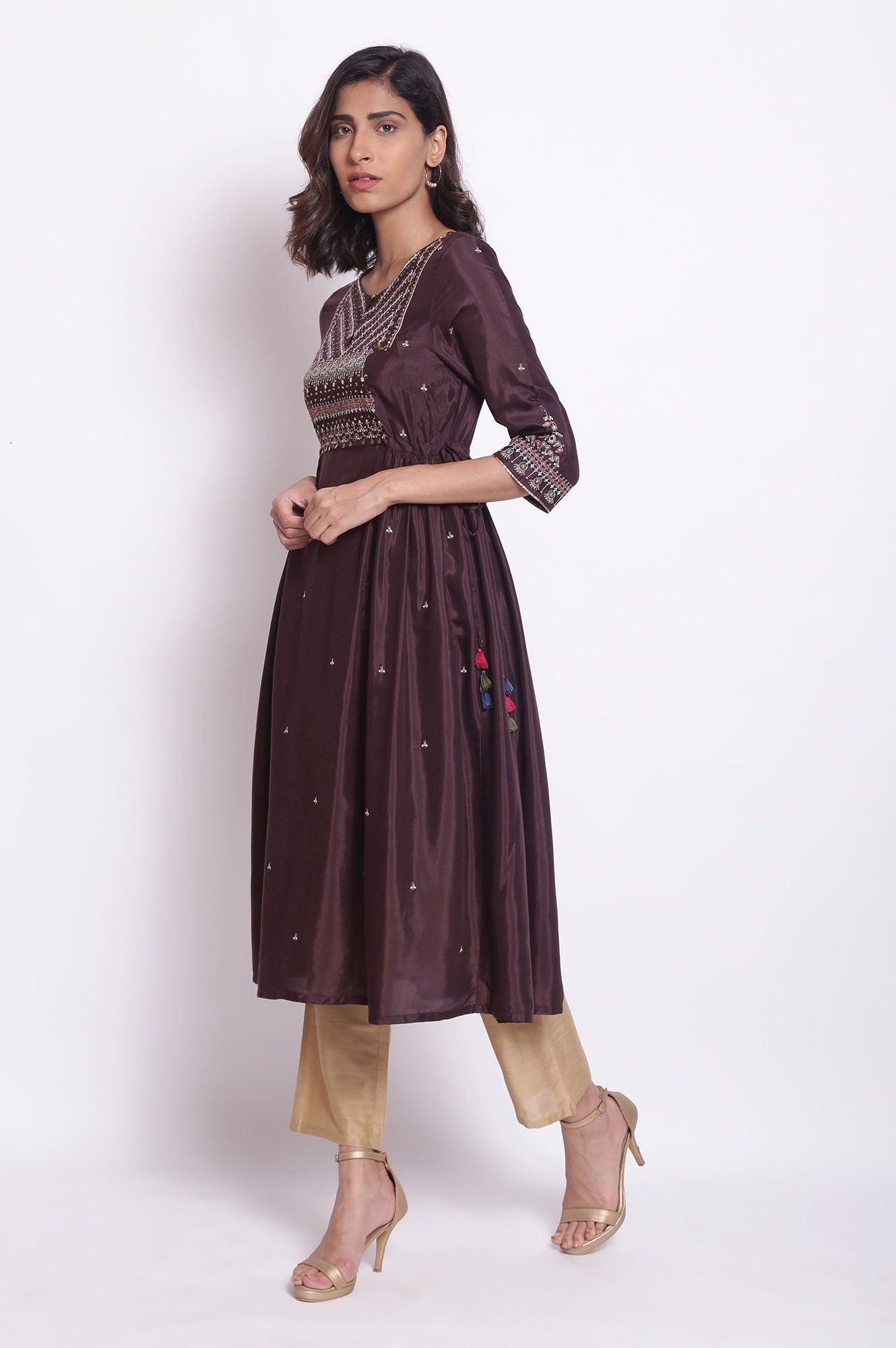 Chocolate Brown A-Line Embroidered kurta